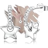 Trendy Sterling Silver Piercing Star Earrings Dainty Stud Earring with CZ Charms White Gold Plated Hypoallergenic Jewelry for Sensitive Ears Birthday Gift for Women