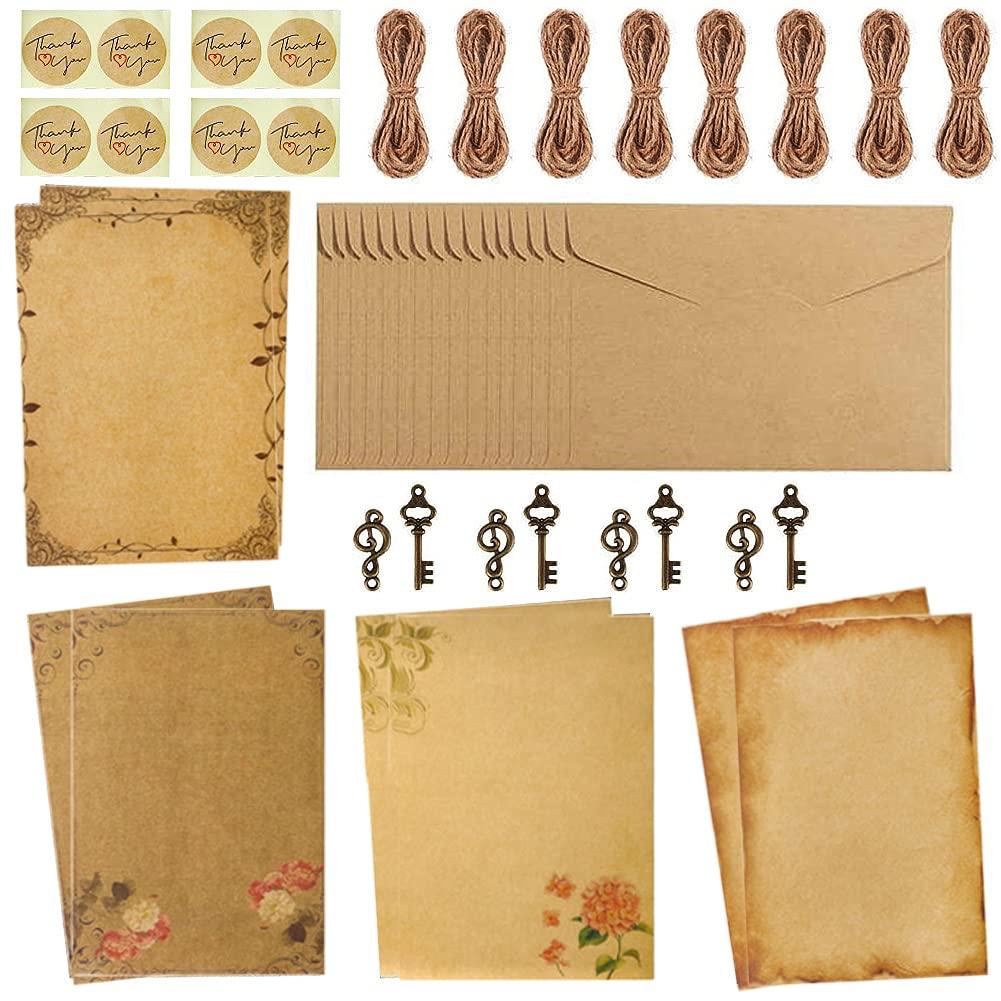 Vintage Envelope Set CHEPL 4 Sets Vintage Letter Paper Writing Paper Stationery Set 16 Sheets of Vintage Letter Papers, 8 Envelopes, 8 Hemp Ropes, 8 Classic Key, 8 Sealing Stickers