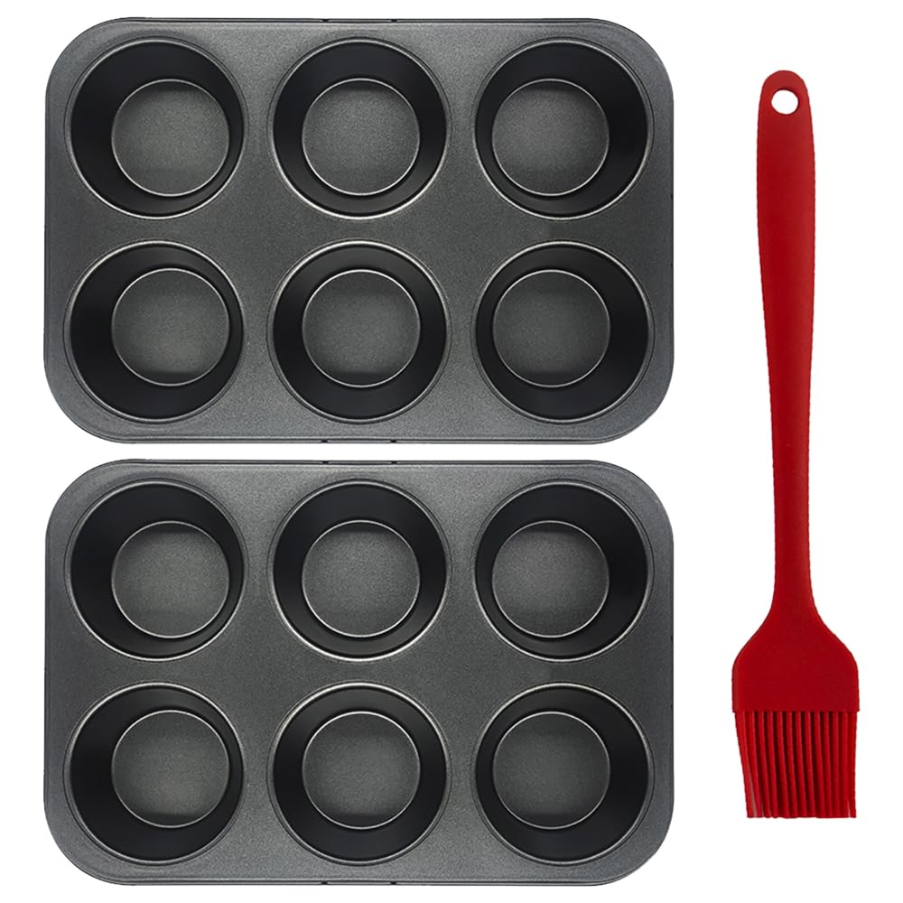 2 Pack Bakeware Yorkshire Pudding Tray Cupcake Tray Muffin Trays 6 Cup Yorkshire Pudding Tin Mini Cake Tins Baking Tray Set Non-Stick Muffin Cases for Baking Pastries , Bun, Cupcakes(Free Brush)