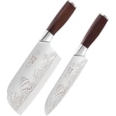 SHI BA ZI ZUO Meat Cleaver Set Chinese Style Patterns 7.09&rdquo;&amp;6.97" Chef Knife Stainless Steel Professional Kitchen Cleaver And Santoku Knife (Kitchen Knife Set 2 Pcs)