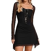 GLNEGE Women's Sexy Long Sleeve Bodycon Corset Mini Dresses Lace Up Ruffle Club Outfit Cocktail Party Going Out Dress
