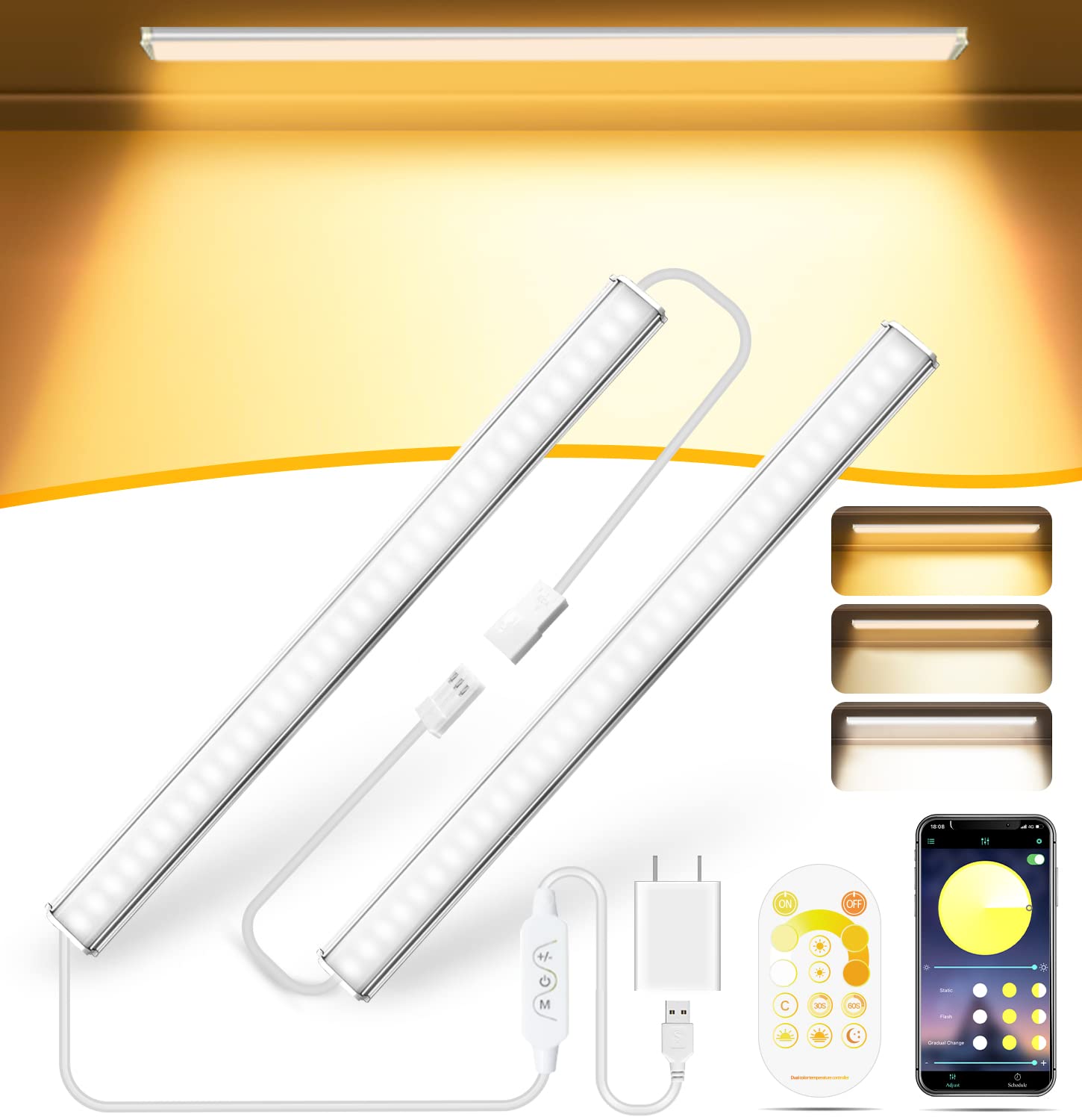 Under Cabinet LED Lights Plug In - 4 Pack, 12 Inch Bars, 144 LEDs, Dimmable With Memory, 6000K Daylight