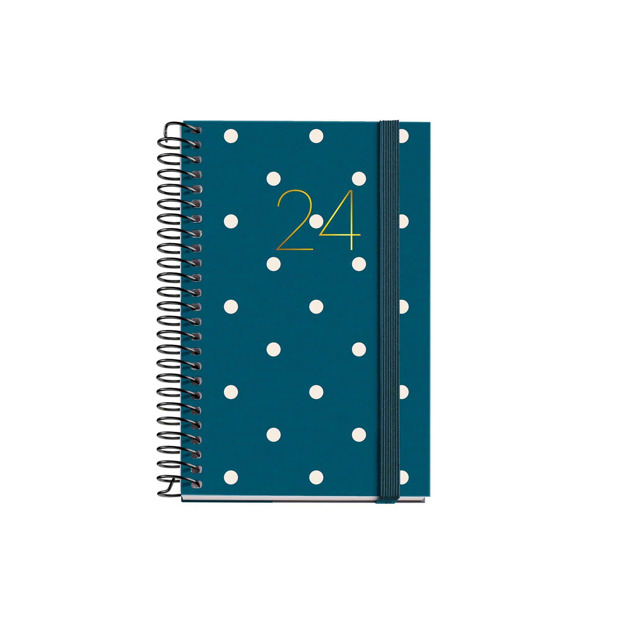 Miquelrius - Annual Diary 2024, Day Page, Caddy Size 80 x 120 mm, Hard Cover, Spiral Binding, Elastic Closure, Catalan, English and Portuguese, Polka Dots with Gold Stamping