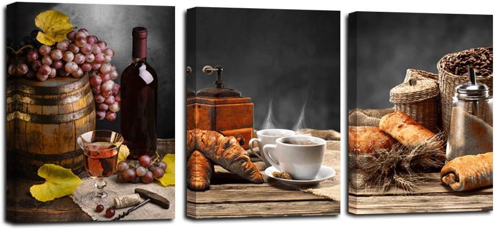 Red Wine Canvas Wall Art Vintage Bread Coffee Bean Pictures Still Life Painting Fruit Grape Grey Artwork Framed for Kitchen Dinning Room Bar Home Wall Decor, 12