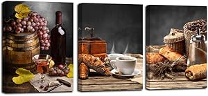 Red Wine Canvas Wall Art Vintage Bread Coffee Bean Pictures Still Life Painting Fruit Grape Grey Artwork Framed for Kitchen Dinning Room Bar Home Wall Decor, 12