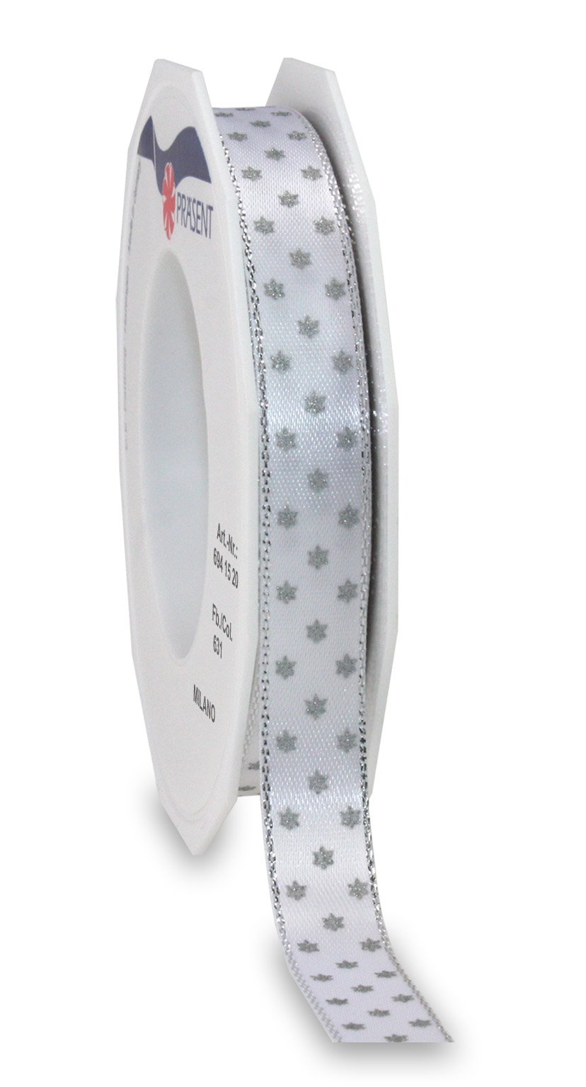 Präsent - Milano Printed Satin Ribbon White-Silver 20-m-Roll 15 mm width