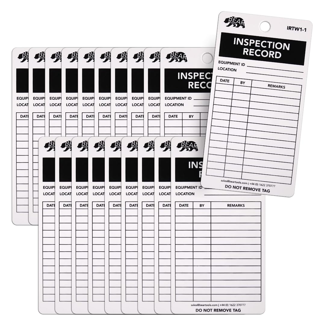 BearTOOLS Inspection Record Tag - White - 150 x 80mm (20 Pack) Indoor/Outdoor Use, Weatherproof, Matte Rigid, Equipment Safety, Universal Application, Tear Resistant, Hazard Prevention