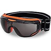 DEX FIT Protective Safety Goggles SG220; Anti Fog & Scratch, Z87 Eye Protection for Work, Adjustable for Women and Men, (Black & Orange Frame, Tinted Lens, 19cm Strap)