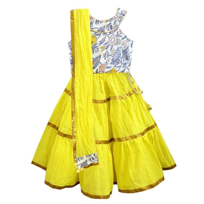 A.T.U.N by Hopscotch Baby Girls Cotton Fair Day Floret Block Print- Yoke Three Piece Lehenga Set in Yellow Color