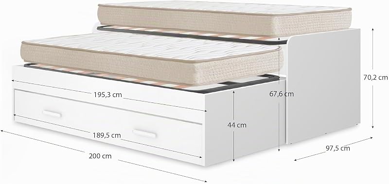 DEKIT - Pack Ahorro Juvenil Cama Nido Pema, 2 Somieres Lama Ancha con 2 Colchones viscoelásticos Nova 90 x 190