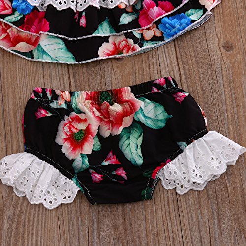 CaNIS Newborn Baby Girls Strapless Lace Ruffle Floral Tube Top and Shorts Outfit with Headband (18-24M, Black) - Thumbnail 3