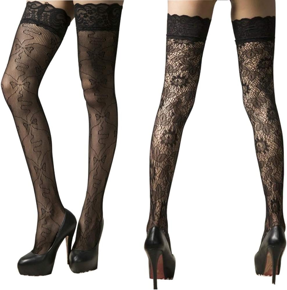 2 Packs Black Fishnet Stockings Lace Flower Patterned Stockings Hold up Hosiery Thigh High Stockings for Women
