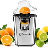 PRAMEDIA Electric Citrus Juicer，Stainless Steel Orange Juice Machine | 40W Motor Electric Orange Juicer, Auto-Reversing, 2 Cones for Lemon Limes Grapefruit, Anti-Drip Spout, High-Yield Fresh Juice