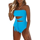 Viottiset Women's Bandeau One Piece Swimsuit Strapless Tie High Cut Out Bathing Suit