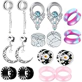 8 Pairs 00 Gauges for Women Dangle Plugs Ear Tunnels Moon Star Silicone Earrings Stretcher Stone for Ear 0g 2g -16mm 5/8'' Inch