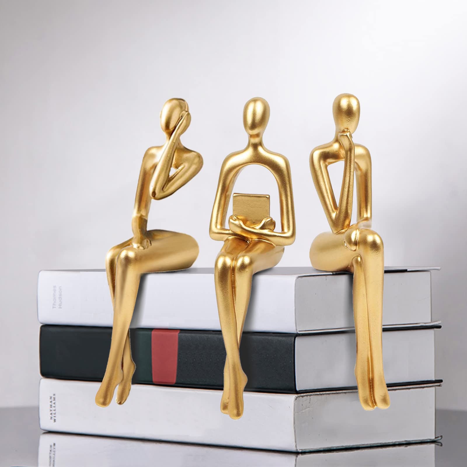 3Pcs Home Decor Gold Thinker Statues Resin Sculpture Accents, Modern Abstract Ornaments Bookshelf Collectible Figurines, Shelf Decorations for Living Room Office Table Dining Desk,Gold