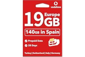 giffgiss Vodafone Europe Prepaid SIM Card 19GB Data in 34 Countries (Spain 140 GB+Unlimited Calls) Supported Mobile Hotspot Travel Use in UK Switzerland Turkey Italy for 28 Days Cell Phone sim