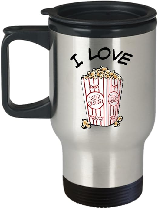 I Love Popcorn mug, Travel mug, coffee cup, with popcorn