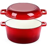P&P CHEF 5Qt Dutch Oven Pot for Bread Baking (Red), 2 In 1 Round Cast Iron Dutch Oven with Lid Set, Skillet & Pot for Roasting Braising Stewing Frying Simmering, Multi Stoves & Oven Safe