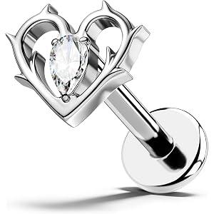 OUFER G23 Titanium 16G Thorned Heart Flat Back Helix Stud Earrings | 6mm Internally Threaded Cartilage Earrings with CZ, Goth