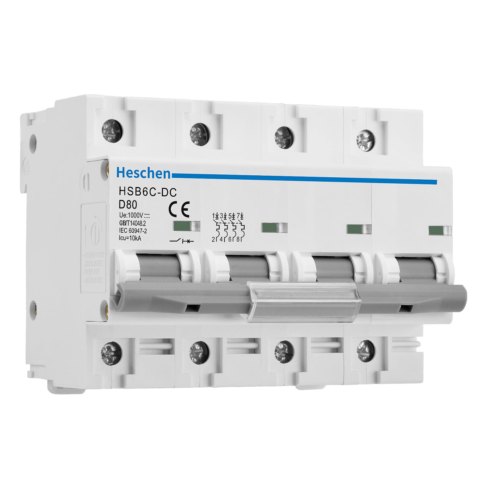 Heschen DC Miniature Circuit Breaker, HSB6C-DC, 4 Poles, DC1000V 80A, Photovoltaic Circuit Breaker, for Solar PV System Solar Panels Grid System, 35mm DIN Rail Mounting