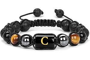 Vinswet Initial Beaded Bracelets for Men,8mm Tiger Eye Obsidian Hematite Triple Protection Bracelet,Handmade Mens Letter Lava Rock Stone Bracelet Stress Relief Yoga Beads Bracelets Adjustable Anti Anxiety Bracelets for Men Women Jewelry Gifts