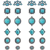 DICOSMETIC 24Pcs 6 Styles Western Turquoise Stud Earrings Set for Women Boho Turquoise Earring Stud Flower/Rhombus/Oval/Flat Round/Square Earrings with Plastic Ear Nuts for Jewelry Making