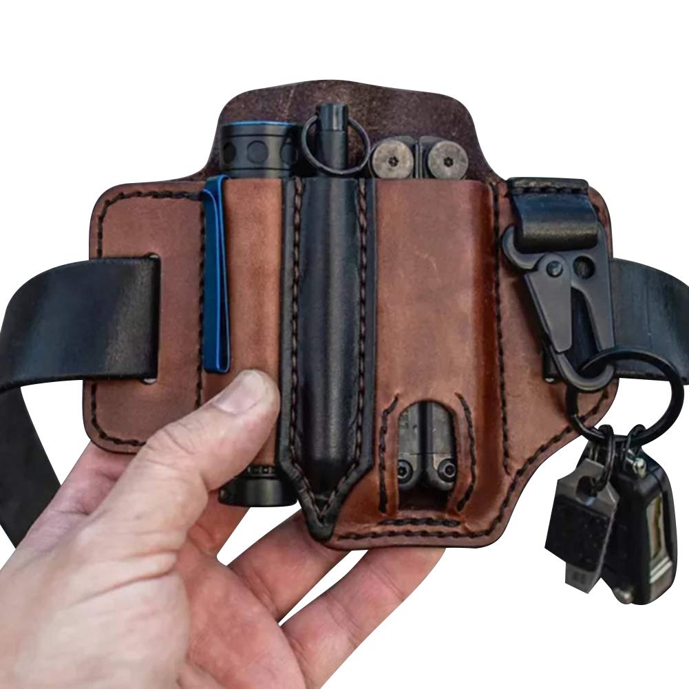 Multitool Leather Sheath Pocket Organizer, EDC for Leatherman Multitools/Key Holder Belt Loops/Flashlight Holster With Keyring, Tools for Outdoor Camping, Brown