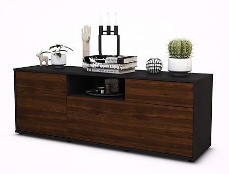 TV Schrank Lowboard Anita, Korpus in anthrazit matt / Front im Holz Design Walnuss (135x49x35cm), mit Push to Open Technik un