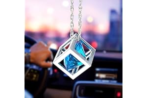 Blue Diamond Cube Crystal Car Rear View Mirror Charms, Bling Car Accessories, Sun Catcher Hanging Ornament w/Chain, Car Charm
