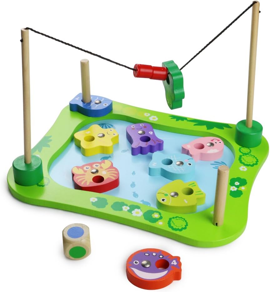 Wooden Magnetic Fishing Toy Fishing Game with Dice Stacking Puzzles for Children 18M+