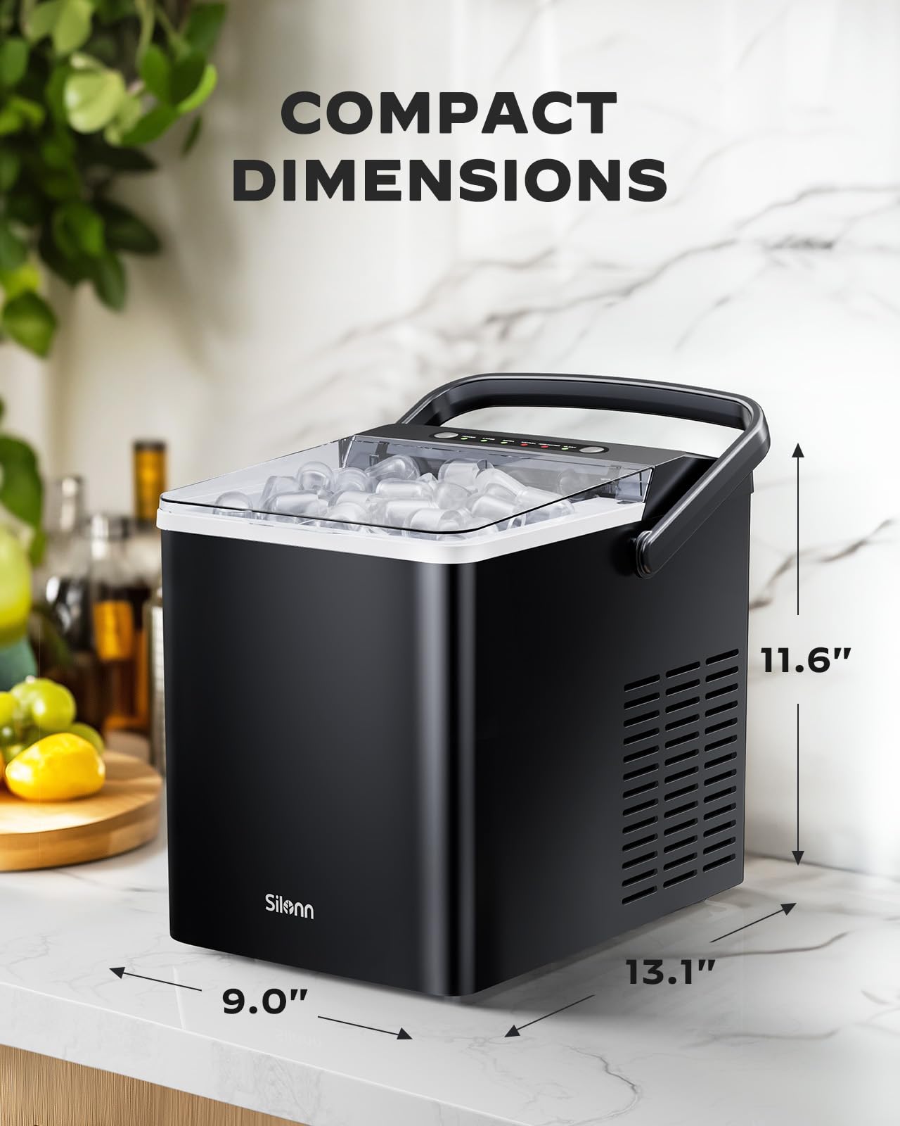 Silonn Ice Maker Countertop, Portable Ice Maker with Carry Handle, Self-Cleaning 1.8L Water Tank Large Ice Basket, Ice Machine Produces 9 Cubes in 6 Min Perfect for Home Kitchen and RV