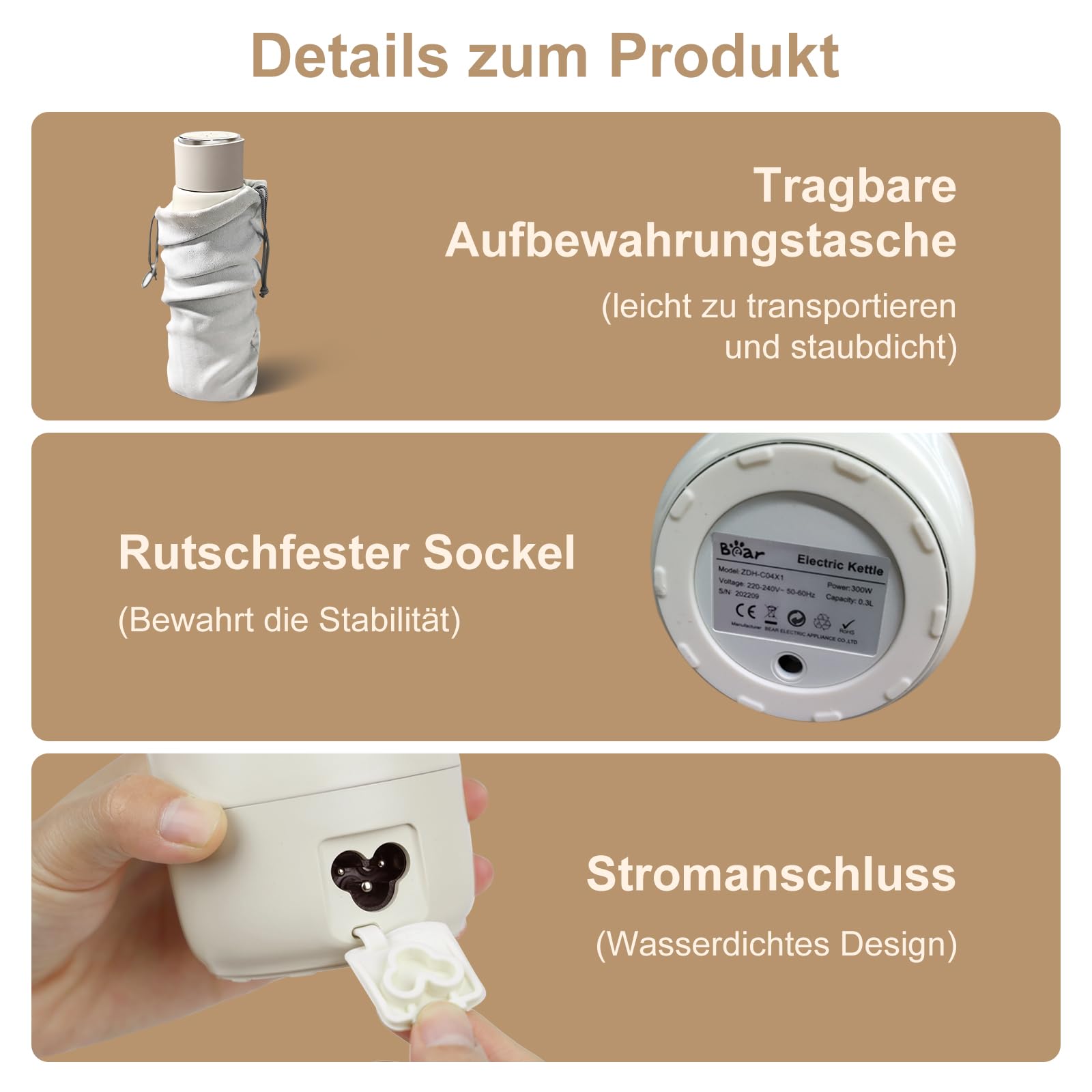 Bear 300ml elektrischer Wasserkocher, 3-in-1 Reise-elektrischer Wasserkocher, Doppelschicht 304 Edelstahlliner, tragbarer kleiner schneller Heizungsisolierungsbecher(Doppeltaste) 7