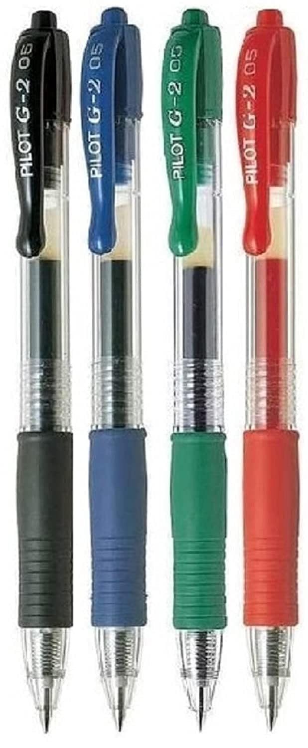 Pilot G2 Assorted Pack Retractable Rollerball Pen Pens Extra Fine Gel Ink Refillable 0.5mm Nib Tip 0.3mm Line G2-5 (1 Of Each Colour - 4 Pens - Black Blue Red Green)