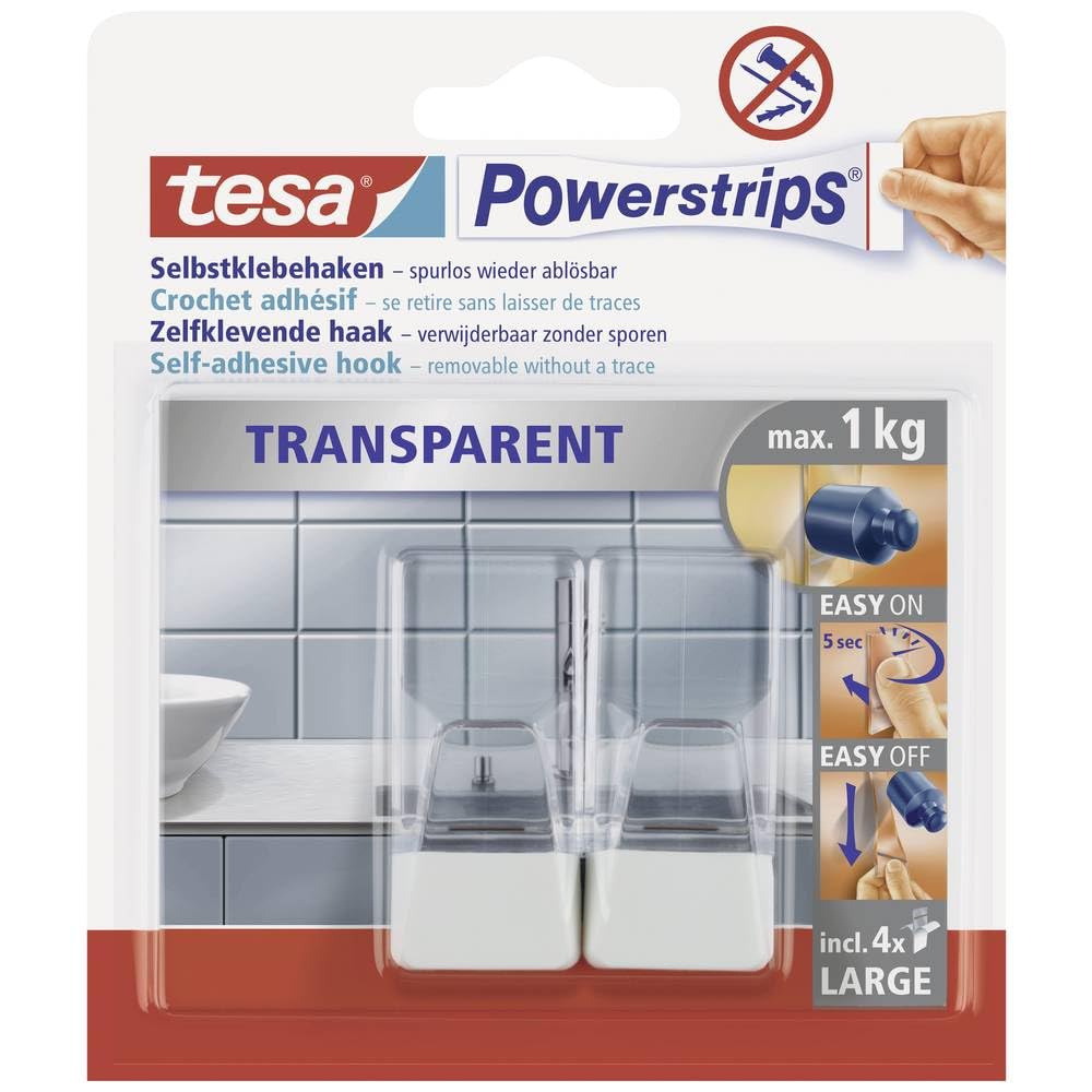 tesa Powerstrips Hooks - Self-Adhesive Wall Hooks for Glass Walls and Coloured Surfaces - Powerstrips Technology - Transparent/White - Large