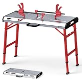 Goplus Portable Welding Table, 42" x 21" Folding Height Adjustable Weld Table Top w/1000LBS Capacity, 2 Bar Clamps, 8 Tool Slots, Handle, 0.7&rdquo; Holes, Heavy-Duty Workbench Fixture Table for Garage