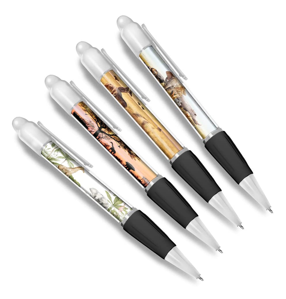 DV DESIGN Set of 4 Safari White Ballpoint Pens - Animals Giraffe Elephant Wild Africa Friends Boys Girls Men Women Theme Pen #79342