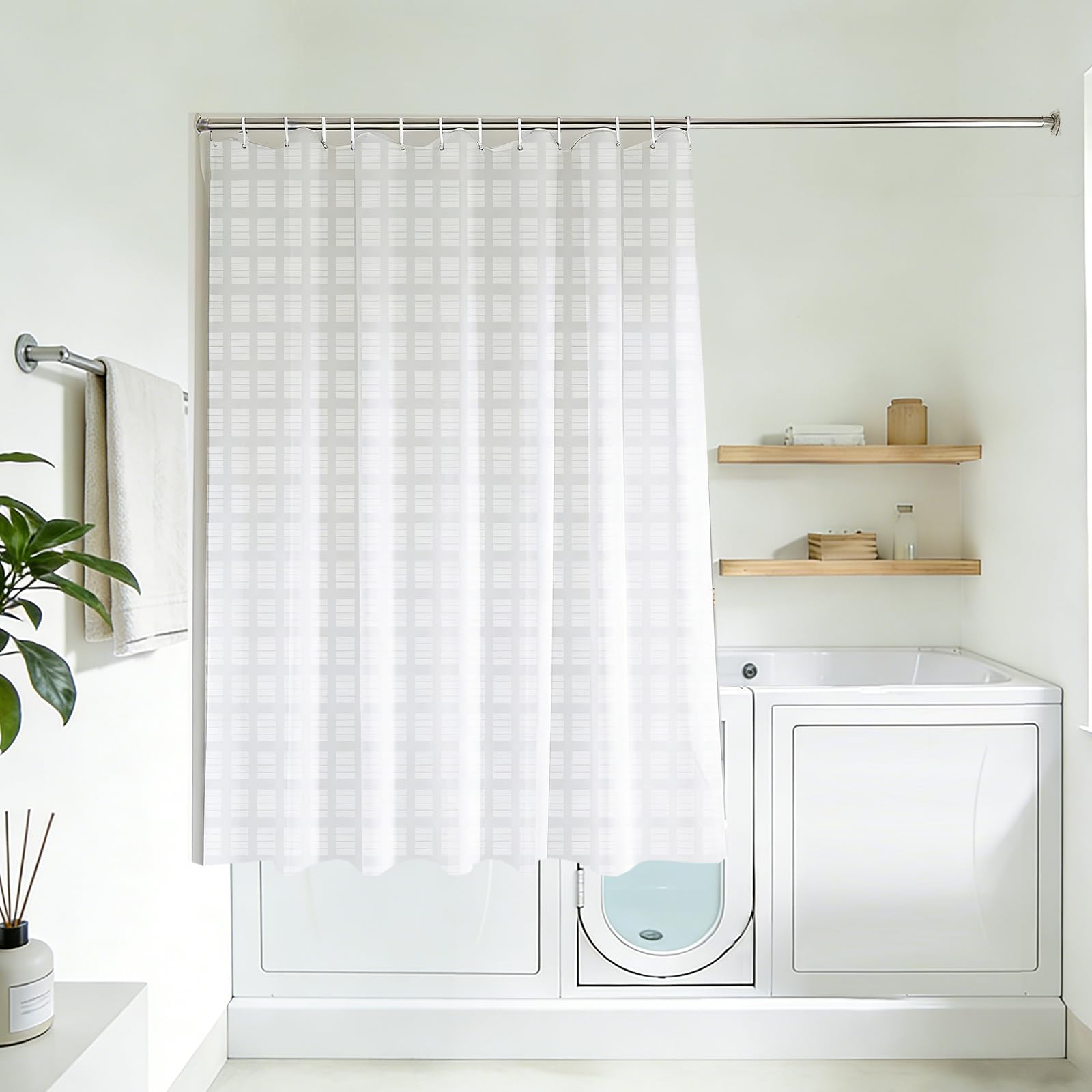 YISURE White Jacquard Shower Curtain for Bathroom Tub, Waterproof Fabric with Plastic Hooks, 71" W x 59" L /180x150cm — image 1