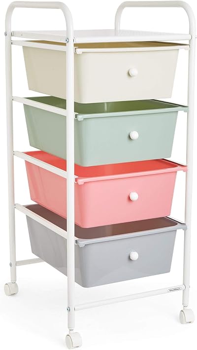 VonHaus Storage Trolley 4 Drawer Pastel with 360° Wheels Chrome Frame