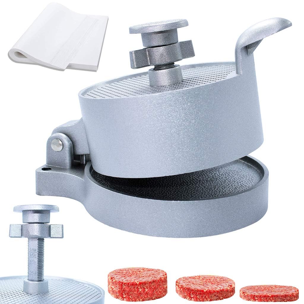 laffeya Burger Press, Hamburger Maker with 50 Non Stick Patty Papers, Adjustable Burger Press Makes 4 1/2" Patties, 1/4Lb To 3/4Lb (Burger Press with paper)
