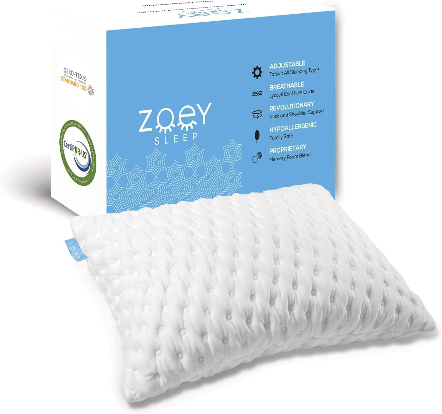 Zoey Sleep Shredded Memory Foam Luxury Standard Size Pillow Fully Adjustable Fill