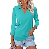 TICTICMISS Womens V Neck Polo Shirts 3/4 Sleeve Collared Tops Business Casual Summer Tops Trendy Loose
