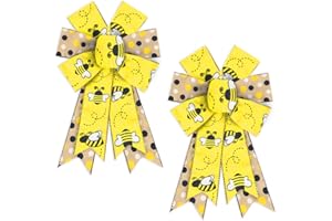 ABTOLS 2PCS Bumble Bee Wreath Bows, Black Yellow Bee Bows for Wreath Yellow White Dot Wreath Bows Spring Decorative Bows for Front Door Summer Burlap Tree Bows for Indoor Outdoor Decor