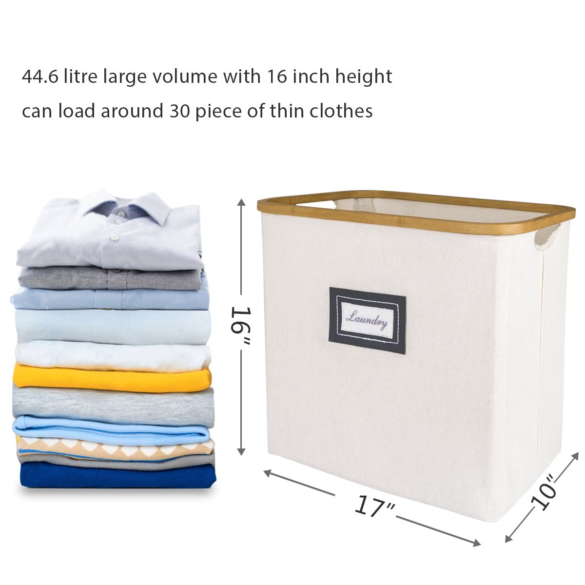 WISHPOOL Bamboo&Canvas Laundry Hamper Baskets Foldable Storage Cube Bin Cut Out Handles For Home Laundry Closet 18 W x 11 D x 16.5 H (inch)