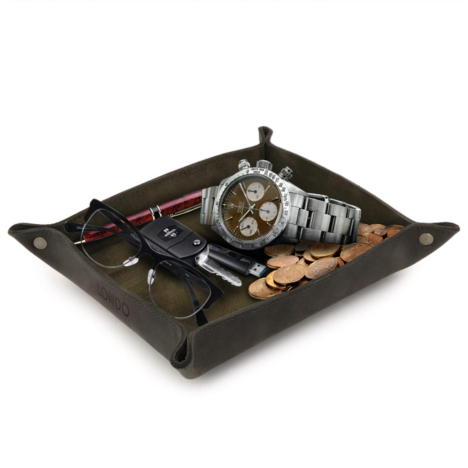 LONDO Genuine Leather Tray Organizer Storage for Wallets Watches Keys Coins Cell Phones and Office Equipment