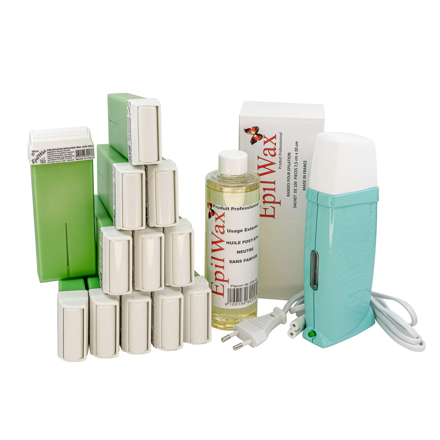 EpilWax Royal Depilatory Kit Complete with: Professional Wax Heater, 12 Roll-On Waxes 100 ml with Aloe Vera, 100 Depilatory Strips, 1 Bottle of 250 ml After Wax Oil (Royal Aloe Vera 12)