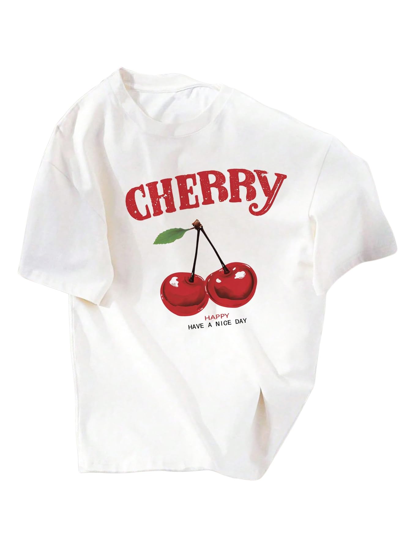 Photo 1 of SOLY HUX Women's Cute Graphic Tees Cherry Print Oversized T Shirt Half Sleeve Crew Neck Summer Tops White Letter Large