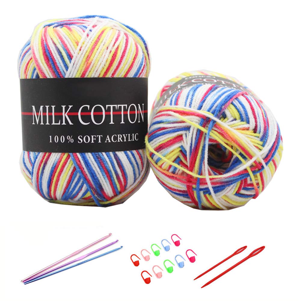 6X 50g Knitting Rainbow Wool Yarn Balls Colorful Hand Crochet Knitting Double Acrylic Yarn Set, 23 Colors, with 3 Crochet Hooks, 2 Needles, 10 Crochet Locking Stitch Markers (15)