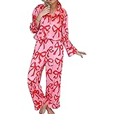 LILTWIST Valentines Silk Pajamas for Women Cute Satin Bow Heart Print Pjs 2 Piece Long Sleeve Shirt Matching Lounge Pants Set