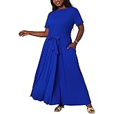 XNMHL Plus Size Dresses for Curvy Women Soft Comfy Stretchy Short Sleeve High Waist Self Tie Flowy Pleated Maxi Dress